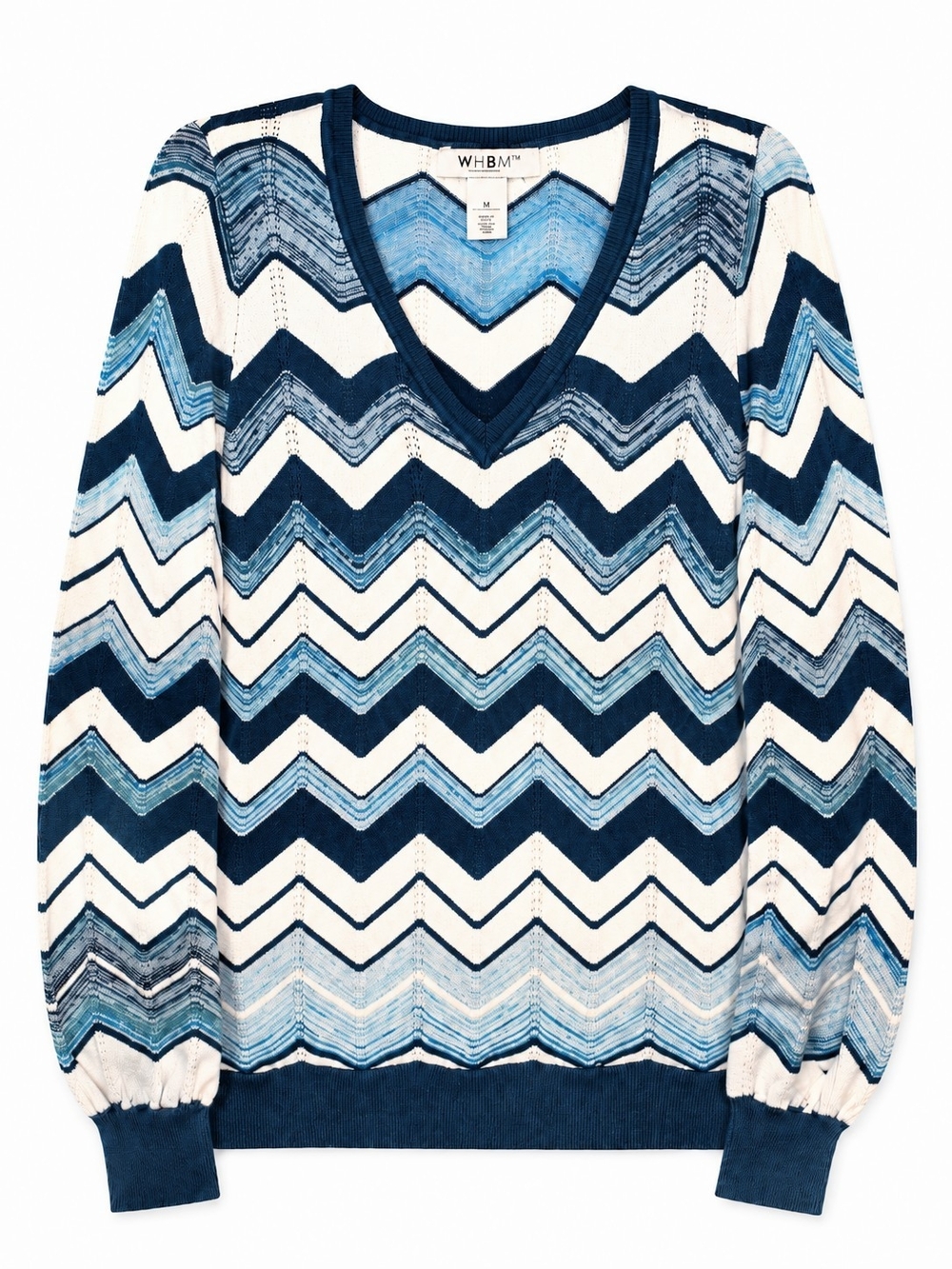 White House Black Market WHBM Medium Teal White Chevron V Neck Knit Sweater